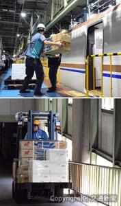 ㊤臨時列車から取り下ろされる荷物㊦既存のフォークリフトを活用して運搬する様子＝東京新幹線車両センター＝