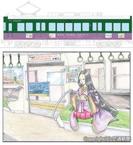 ㊤ラッピング電車の外観イメージ㊦「電車に乗る紫式部」のイメージ（京阪電気鉄道提供）