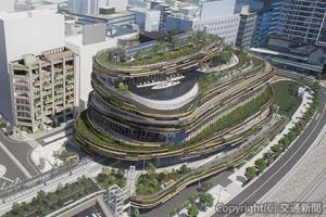 MoN Takanawaの外観イメージ。左奥の９階建ての建物は若手クリエイター・アーティスト向け住居（ＪＲ東日本提供）