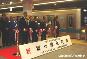 関係者によるテープカットなどで複々線化工事の完成を祝った