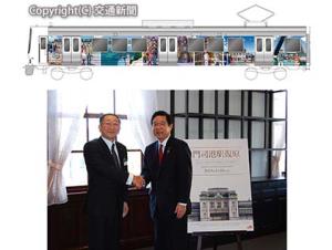 ㊤ラッピング列車のイメージ（ＪＲ九州提供）㊦グランドオープンに伴う門司港地区活性化に向け握手する（左から）青柳社長、北橋市長