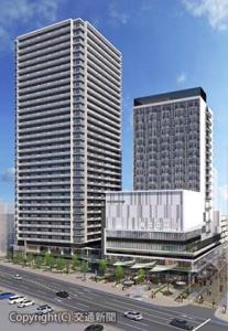 ＪＲ岡山駅前で進める再開発事業の完成予想パース（野村不動産提供）
