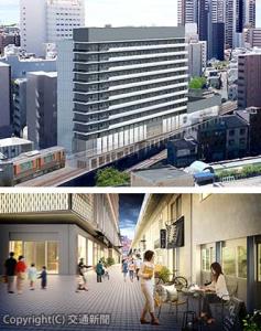 ㊤複合ビルの外観と㊨「ふくまる通り57」のイメージ（阪急阪神不動産提供）