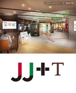 ㊤カフェ、シェアオフィス、金融窓口がつながるエリアのイメージ㊦「ＪＪ＋Ｔ」のエリアロゴ（共にＪＲ東日本提供）