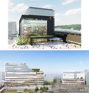 ㊤熊本駅ビルの外観イメージ。右側は熊本駅㊦ＪＲ宮交ツインビルの外観イメージ。左端の宮崎駅側から駅前用地ビル、広島用地ビルの２棟を建設する（共にＪＲ九州提供）