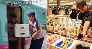 ㊧東京駅に到着した列車からウニの入ったケースを運び出した㊨エキュート品川の販売店に並ぶ産地直送の新鮮なウニと甘エビ