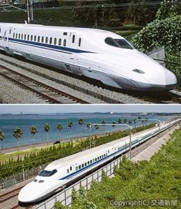 東海道新幹線で活躍する㊧Ｎ７００Ａタイプと㊨７００系。来春には同新幹線を走る全ての車両がＮ７００Ａタイプとなり、最高時速も２８５㌔に統一される（ＪＲ東海提供）