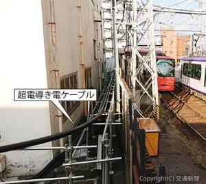 東京さくらトラムで切り離し試験を行った超電導き電システムのケーブル（鉄道総研提供）