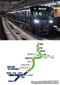 ㊤試運転中の相鉄１２０００系新型車両＝羽沢横浜国大駅＝（相鉄提供）㊦相鉄・ＪＲ直通線路線図（相鉄相鉄ビジネスサービス提供）