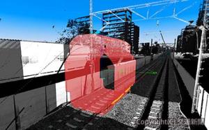 鉄道ＭＭＳによる建築限界確認のイメージ。列車が安全走行するために建築限界を支障していないことを、車上で測定し自動的に判定する（ＪＲ西日本提供）
