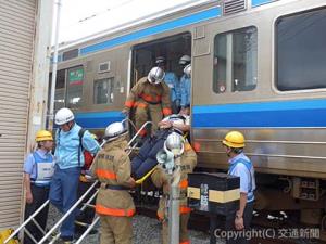 警察、消防と連携して負傷者の救助訓練を行った（ＪＲ岡山支社提供）