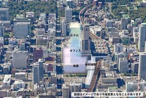 新幹線札幌駅前に建設する新タワービル（イメージ）は、開発・関連事業の柱として期待される。すぐ後ろはＪＲタワー（ＪＲ北海道提供）