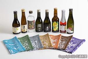 住吉酒販がセレクトしたお酒と列車オリジナル手ぬぐいのイメージ（ＪＲ九州提供）