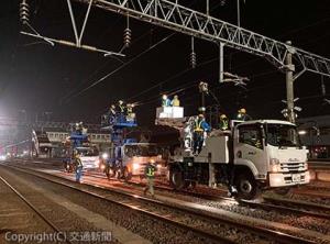 軌陸車などを使って行われる電車線の張り替え作業（ＪＲ貨物提供）