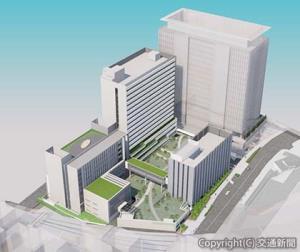 建て替え後のＪＲ東京総合病院の外観イメージ。中央奥の左が新病棟（入院棟）、中庭を挟んで右が健康管理棟（仮称）。手前左は既存の外来棟（ＪＲ東日本提供）