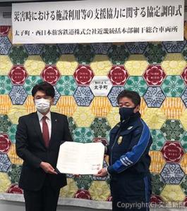 協定を締結した関谷所長（右）と服部町長（ＪＲ西日本提供）
