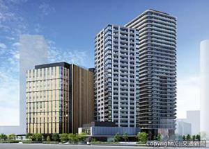 複合型まちづくり「ＭＥＧＵＲＯ　ＭＡＲＣ」では10月に賃貸住宅棟（中央）が竣工する予定（イメージ）=ＪＲ東日本提供=