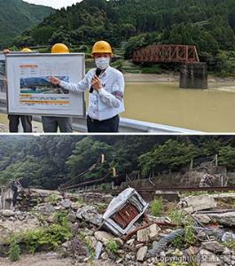 ㊤「球磨川第１橋りょう」の被害状況と復旧方法を説明する担当者㊦被害が最も大きかった瀬戸石駅はホームが跡形もなく流された