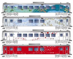 「釧網線ラッピング」（上２枚）と「花咲線ラッピング」（下２枚）の外観イメージ（すべてＪＲ北海道提供）