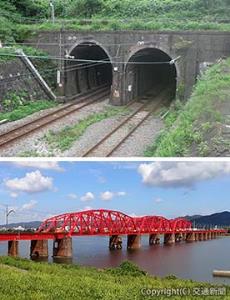 土木遺産に認定された㊤清水谷戸トンネル㊦紀ノ川橋梁（いずれも土木学会提供）