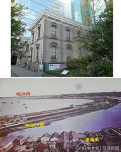 ㊤汐留シオサイトに建つ「新橋停車場」（著者提供）㊦神奈川駅から初代の横浜駅までは海上を埋め立てて線路が敷設されました（横浜都市発展記念館提供）