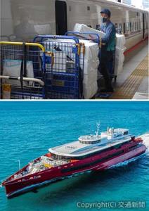 ㊤「はこビュン」で運搬する様子㊦旅客船「クイーンビートル」（ＪＲ九州高速船提供）