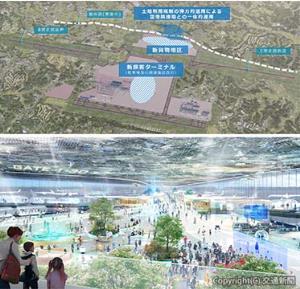 ㊤現時点で構想されている将来の成田空港。ワンターミナル化で運用性は向上、３本の滑走路からのアクセス性が高まり、国際競争力が大幅に向上する㊦新旅客ターミナルのイメージ（いずれも成田国際空港提供）