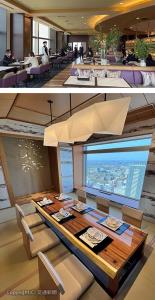 ㊤レストラン＆バー「ＳＫＹ　Ｊ」のダイニング㊦スカイレストラン「丹頂」の和室