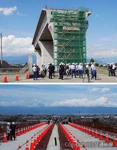 公開された高架橋の㊤外観と㊦上部（いずれも奥が品川方）