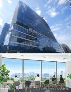 ㊤建設工事が進むビルの外観㊦緑の眺望を楽しめるオフィスのイメージ