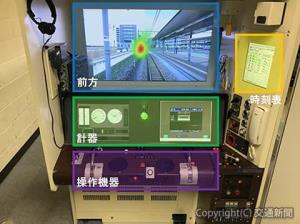 運転士の視線対象と視線滞在（「前方」画面の中央）の解析イメージ＝ＪＲ西日本提供＝