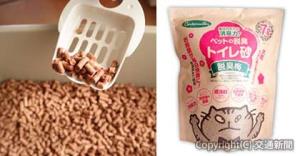 ㊨７㍑入り商品パッケージ㊧ペットの脱臭トイレ砂「脱臭梅」（和歌山電鐵提供）