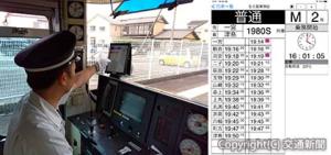 ㊧タブレット端末を用いた運転イメージ㊨運転士業務用アプリの画面イメージ（名古屋鉄道提供）