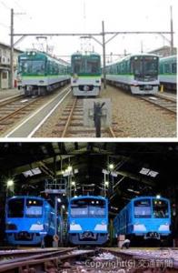 ㊤京阪錦織車庫（大津市）と㊦近江彦根車庫（彦根市）＝京阪電鉄、近江鉄道提供＝