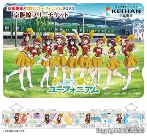㊤「京阪線フリーチケット」のイメージ㊦大津線ラッピング電車のイメージⒸ武田綾乃・宝島社／『響け！』製作委員会（京阪ホールディングス提供）