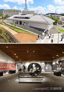 ㊤フクレルの外観㊦鉄道のまち・福知山の歴史を紹介しているゾーン