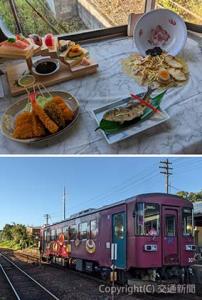 「食品サンプル列車」の㊤車内㊦外観（イメージ）