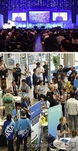 ㊤札幌市内で行われたオープニングセッション㊦交流が盛んに行われた札幌コンベンションセンターの商談会場