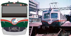 ㊧ラッピング車両のイメージ（横浜側）㊨１９６０年代当時の「おかいもの電車」（相鉄グループ提供）