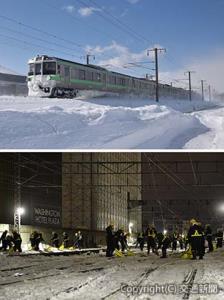 ㊤雪道を行く快速「エアポート」㊦昨冬の札幌駅予防除雪の様子