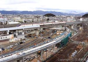 建設が進む福島駅アプローチ線（手前の高架橋）。大きく西へカーブして東北新幹線の高架橋をくぐり、山形方面の地平区間へ続く