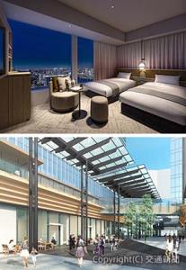 ㊤ホテル客室（ツイン）イメージ㊦低床部の商業ゾーンイメージ（京浜急行電鉄提供）