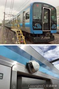 ㊤利用者の接近を検知するシステムが搭載されている相模線のＥ１３１系㊦車両側面のカメラ（西武鉄道提供）