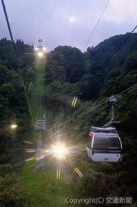 夕闇迫り、保安照明が灯る中、山頂に向かうゴンドラ