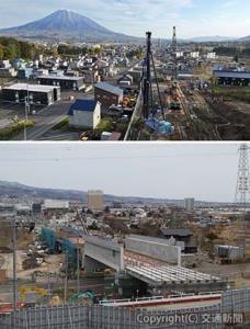 北海道新幹線（新函館北斗―札幌間）明かり区間の工事。（上から）俱知安駅高架橋、市渡高架橋＝鉄道・運輸機構提供＝