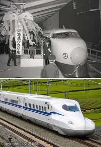 ㊤1964年10月1日、東京駅で行われた東海道新幹線の出発式㊦Ｎ700系以来のフルモデルチェンジ車両として2020年にデビューしたN700S（ＪＲ東海提供）