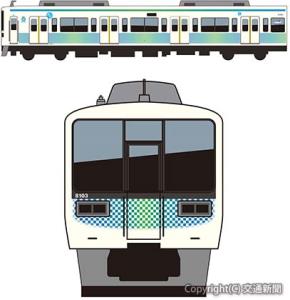 西武８０００系の㊤側面㊦前面のデザイン（西武鉄道提供）