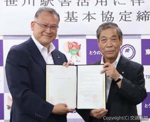 協定書を交わした土澤支社長（左）と岩田町長＝ＪＲ千葉支社提供＝