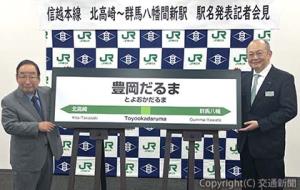 駅名標を持つ樋口支社長（右）と富岡市長（ＪＲ東日本高崎支社提供）