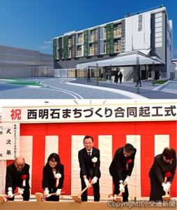 ㊤新駅ビルのイメージ㊦鍬入れを行う國弘支社長ら（右から３人目）＝㊤はＪＲ西日本提供＝